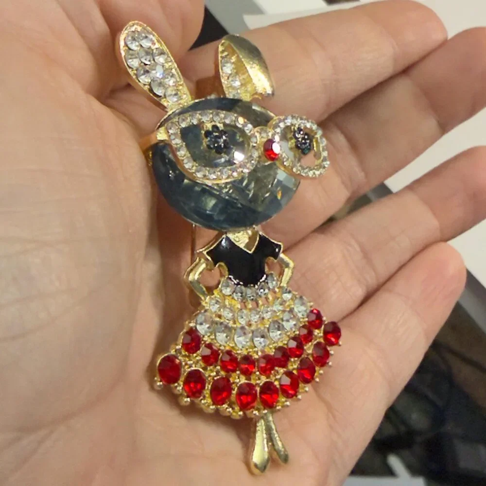 Rabbit Brooch Rhinestone Bunny Dancer Statement Pin Red Crystal Skirt 2.75”